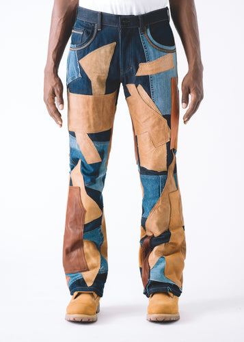 LEATHER PATCHWORK JEANS